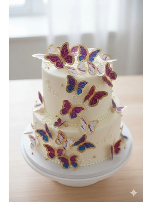 Deniz Party Store Gold Varaklı Bordo Fuşya Mavi Karışık Renkli 3 D 21 Li Kelebek Sticker Balon Pasta Süsü