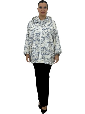 Aysel Büyük Beden Kapüşonlu Fermuarlı Beli Lastikli Ön Cep Detaylı Kadın Rüzgarlık