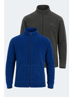Slazenger Sansa 2 Li Set Erkek Fermuarlı Dik Yaka Cepli Gri - Koyu Gri Polar