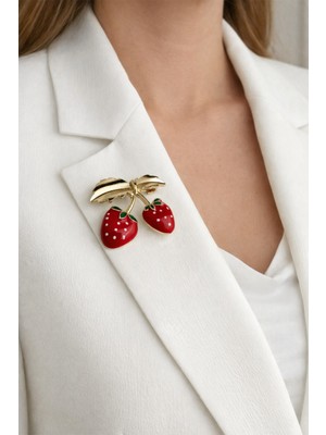 Altın Sarısı Kırmızı Beyaz Mineli Çilek Broş (3cm)