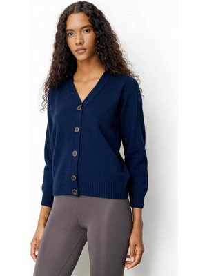 Desen Triko Kadın V Yaka Kısa Yün Hırka Indigo