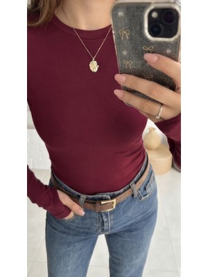 Modeva Global Kadın Koyu Bordo Pamuklu Parmak Geçme Detaylı Uzun Kollu Bisiklet Yaka Bluz