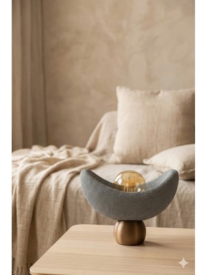 Pamuk's Design Luna Tasarım Masa Lambası Gri Bronz Detaylı Abajur Loş Amber Işık, Rustik Ampul Hediyeli 20 x 37 cm