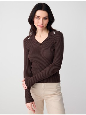 Jimmy Key Kahverengi Uzun Kollu Gömlek Yaka Triko Bluz