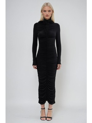 Lijuri Yakası Gül Detaylı ve Büzgülü Likralı Elbise 2968