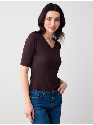 Jimmy Key Acı Kahve V Yaka Kısa Kollu Düz Kesim Örme Bluz