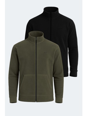 Slazenger Sansa 2 Li Set Erkek Fermuarlı Dik Yaka Cepli Gri - Koyu Gri Polar