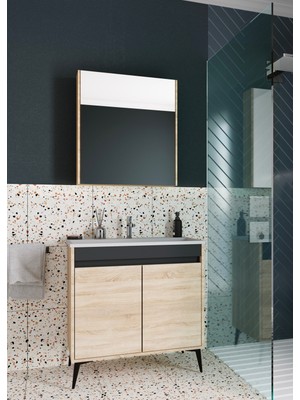 Akademik Mimarlık Akademik Banyo Elite 80 cm Lavabolu Mdf Banyo Dolabı Seti - Sonoma Meşe Renk