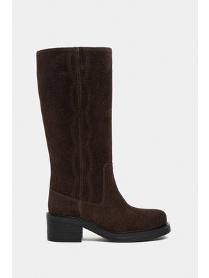 Nişantaşı Shoes Honor Bitter Kahve Süet Hakiki Deri Kalın Taban Kadın Çizme