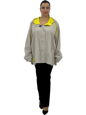 Aysel Büyük Beden Kapüşonlu Fermuarlı Cepli Kolu Lastikli Sırt Detaylı Kadın Rüzgarlık