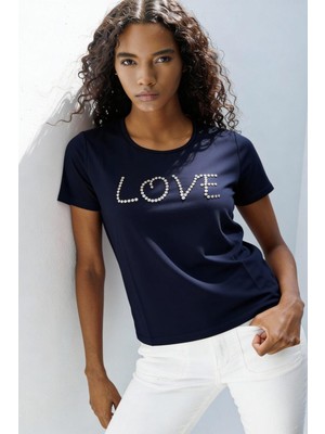 Desen Triko Kadın Sıfır Yaka Kısa Kol Love Yazılı Penye T-Shirt Lacivert