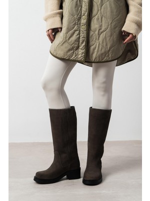 Nişantaşı Shoes Honor Koyu Bej Süet Hakiki Deri Kalın Taban Kadın Çizme