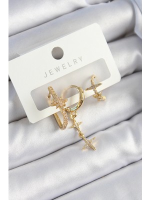 Depozee Pirinç Zirkon Taşlı Yıldız Model Gold Renk 3'lü Çift Kadın Küpe Set