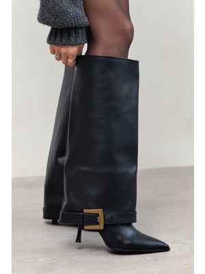 Nişantaşı Shoes Sery Siyah Mat Tozluk Toka Detay Sivri Burun Kadın Topuklu Çizme