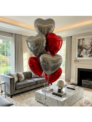 Joyane 6’lı Kalp Folyo Balon Seti 60 cm – Kırmızı & Gri – Sevgililer Günü, Nişan, Evlilik Teklifi