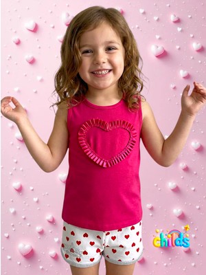 Kız Çocuk 2li Takım Kalp Nakışlı Fuşya Kolsuz Tişört Şortlu Takım