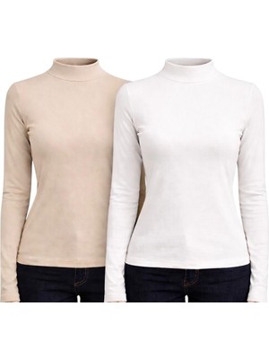 Hayalet 2'li Paket Yumuşak Dokulu Pamuk Dokuma Uzun Kol Dik Yaka Parmak Geçirmeli Body Modal T-Shirt