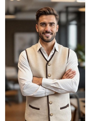 Desen Triko Erkek V Yaka Astarlı Saf Yün Keçe Yelek Bej