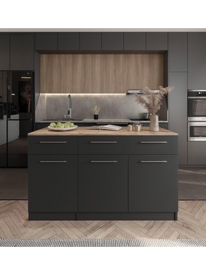 T Designo Afro Mutfak Adası -Alt Modül-2 Çekmeceli 3 Kapaklı- 150 cm Antrasit-Tezgah Dahil