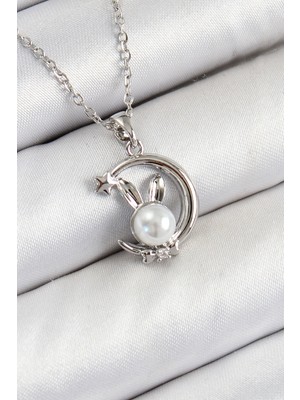 Depozee 316L Çelik Inci Detaylı Hilal Tavşan Model Gümüş Renk Kadın Kolye