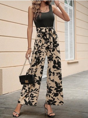 Serac Collection Kadın Askılı Yuvarlak Yaka Beli Kuşaklı Üst Viskon Alt Dalgıç Tulum