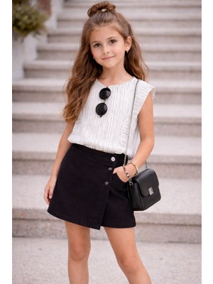 Laciel Siyah Beyaz Çizgili Bluz & Siyah Kot Şort Etek Takımı