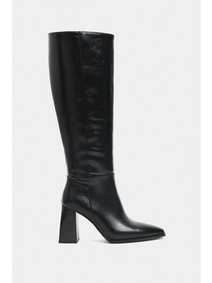 Nişantaşı Shoes Boris Siyah Rustik Desen Fermuar Detay Kalın Topuklu Kadın Çizme