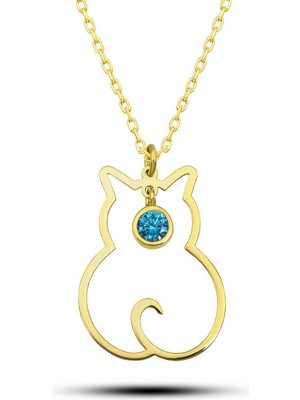 Noip 925 Ayar Gümüş Mart Ayı Doğum Taşı Kedi Kadın Kolye T8397 (944)