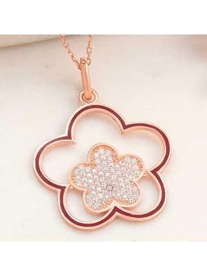 Noip 925 Ayar  Gümüş Rose Çiçek Desenli Kadın Kolye T8202 (944)