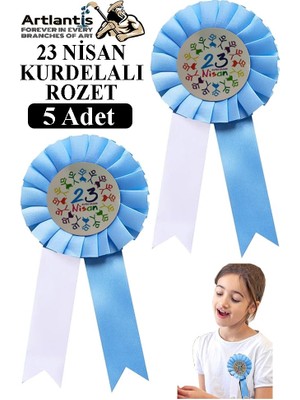 Artlantis 23 Nisan Kurdelalı Rozet 5 Adet Mavi Beyaz Yaka Rozeti Çocuk Bayram Etkinlik 15 cm Kokart