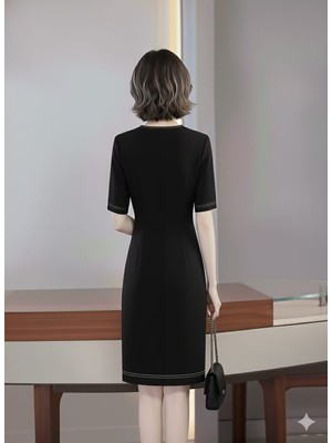 Nake Butik Kadın  V Yaka Kısa Kollu Diz Boyu Elbise