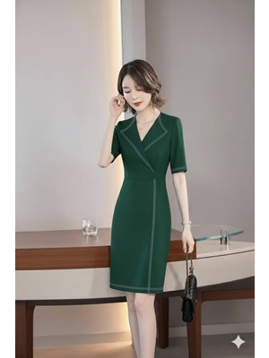 Nake Butik Kadın  V Yaka Kısa Kollu Diz Boyu Elbise