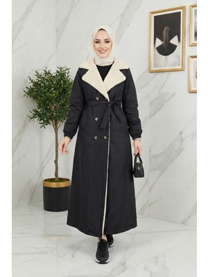 Kadın Içi Kürklü, Düğmeli ve Kuşaklı Siyah Mont