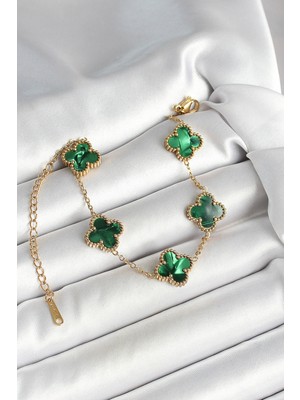 Shopwave 316L Çelik Sedefli Zümrüt Yeşil Gold Renk Yonca Kadın Bileklik