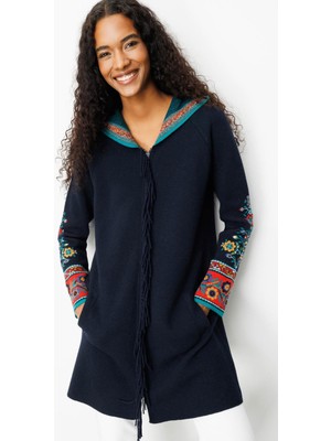 Desen Triko Kadın Kapüşonlu Kilim Jakarlı Püsküllü Yün Kaban K.lacivert