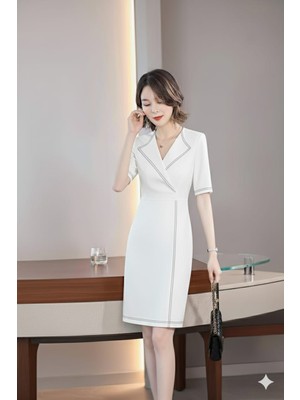 Nake Butik Kadın  V Yaka Kısa Kollu Diz Boyu Elbise