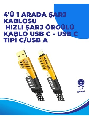 Shopwave 65W 4'ü 1 Arada Çoklu Şarj Kablosu – Usb-C, Usb-A, Lightning, Veri ve Şarj Desteği