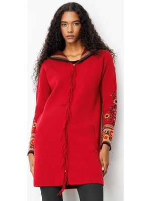 Desen Triko Kadın Kapüşonlu Kilim Jakarlı Püsküllü Yün Kaban K.kırmızı