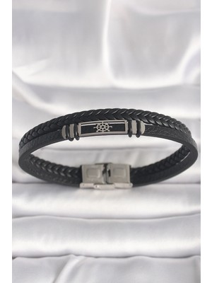 Shopwave 316L Çelik Gümüş Renk Gemi Dümeni Figür Siyah Burgu Deri Kordon Model Erkek Bileklik