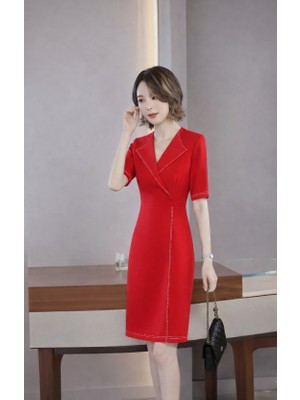 Nake Butik Kadın  V Yaka Kısa Kollu Diz Boyu Elbise
