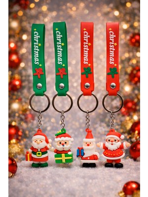 4'lü Yılbaşı Temalı Silikon Anahtarlık Seti–noel Baba, Kardan Adam ve Hediye Kutusu Figürlü