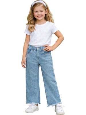 İrem Çocuk Giyim Kız Çocuk Taş Detaylı Püsküllü Model Geniş Paçalı Mavi Renk Kot Pantolon