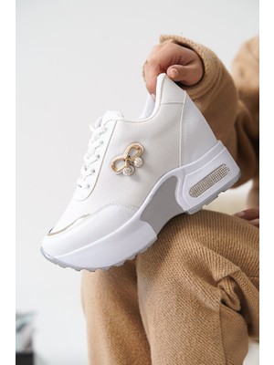 Zerenyus Wox Beyaz Simli Bağcıklı Gizli Topuk Premium Kadın Spor Ayakkabı