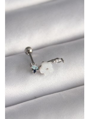 MiraLive 316L Çelik Gümüş Renk Zirkon Taş Detay Beyaz Çiçek Model Tragus Piercing - TJ-PR1357