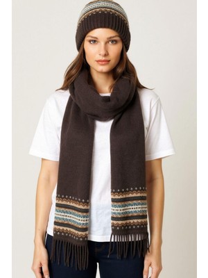 Desen Triko Kadın Kenarları Jakarlı Püsküllü Yün Kaşkol K.kahve