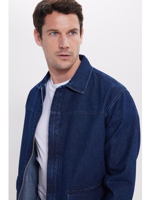 Tudors Erkek Relax Fit Rahat Kesim Çift Cep Denim Lacivert Kot Mont gömlek