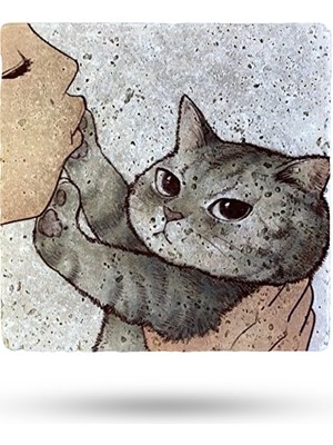 Begoloni Doğal Taş Nihale 15X15CM Yaramaz Kedi Baskılı Taş Çaydanlık Altlığı-Tencere Tava Altlığı