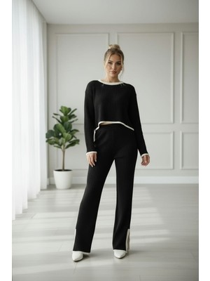 Newco Kadın Paça Detaylı Fitilli Triko Alt Üst Takım Crop Kazak Pantolon