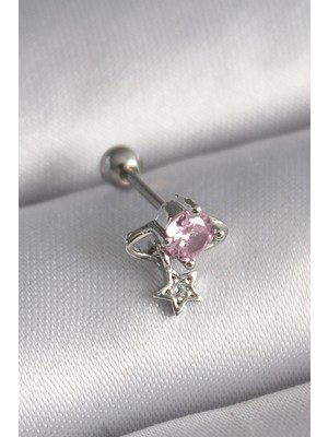 MiraLive 316L Çelik Gümüş Renk Pembe Zirkon Taşlı Sallantı Yıldız Detay Tragus Piercing - TJ-PR1237