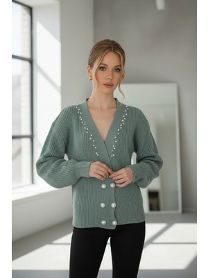 Newco Kadın Inci Düğme Detaylı Balon Kol V Yaka Triko Hırka